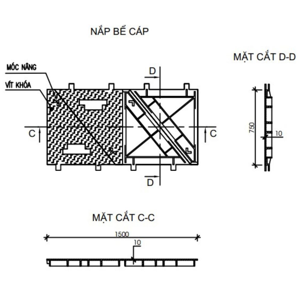 NẮP HỐ GA GANG BỂ CÁP ĐIỆN LỰC VIỄN THÔNG Bản vẽ nắp bể cáp 2 cánh