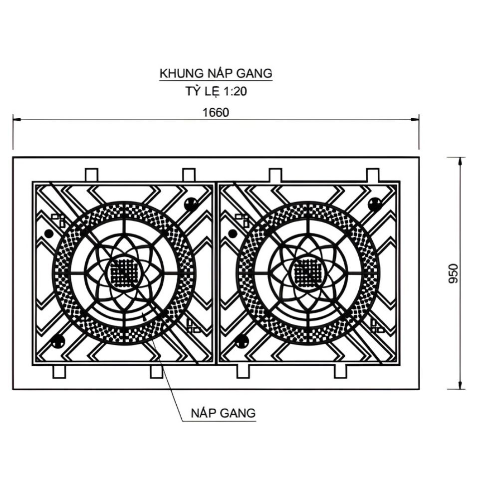 NẮP HỐ GA GANG BỂ CÁP ĐIỆN LỰC VIỄN THÔNG Bản vẽ nắp hố ga 4 cánh