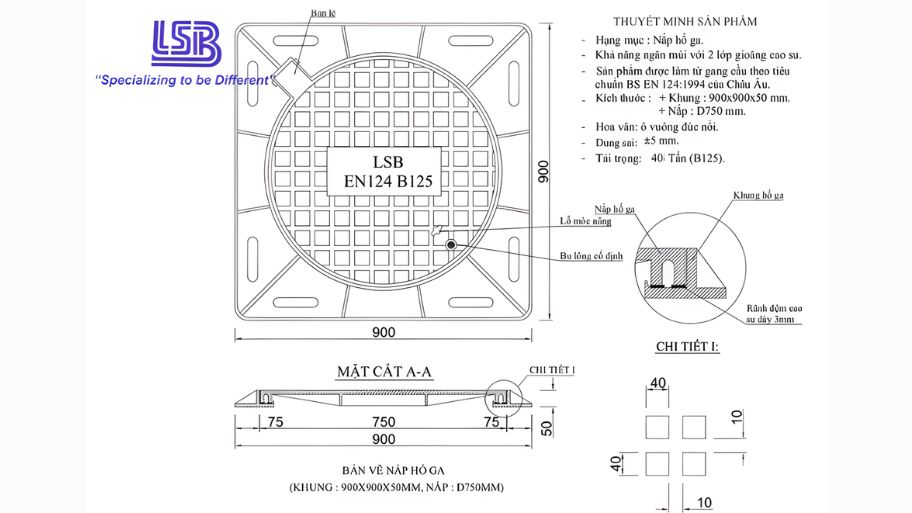 Bản vẽ nắp hố ga composite 40 tấn
