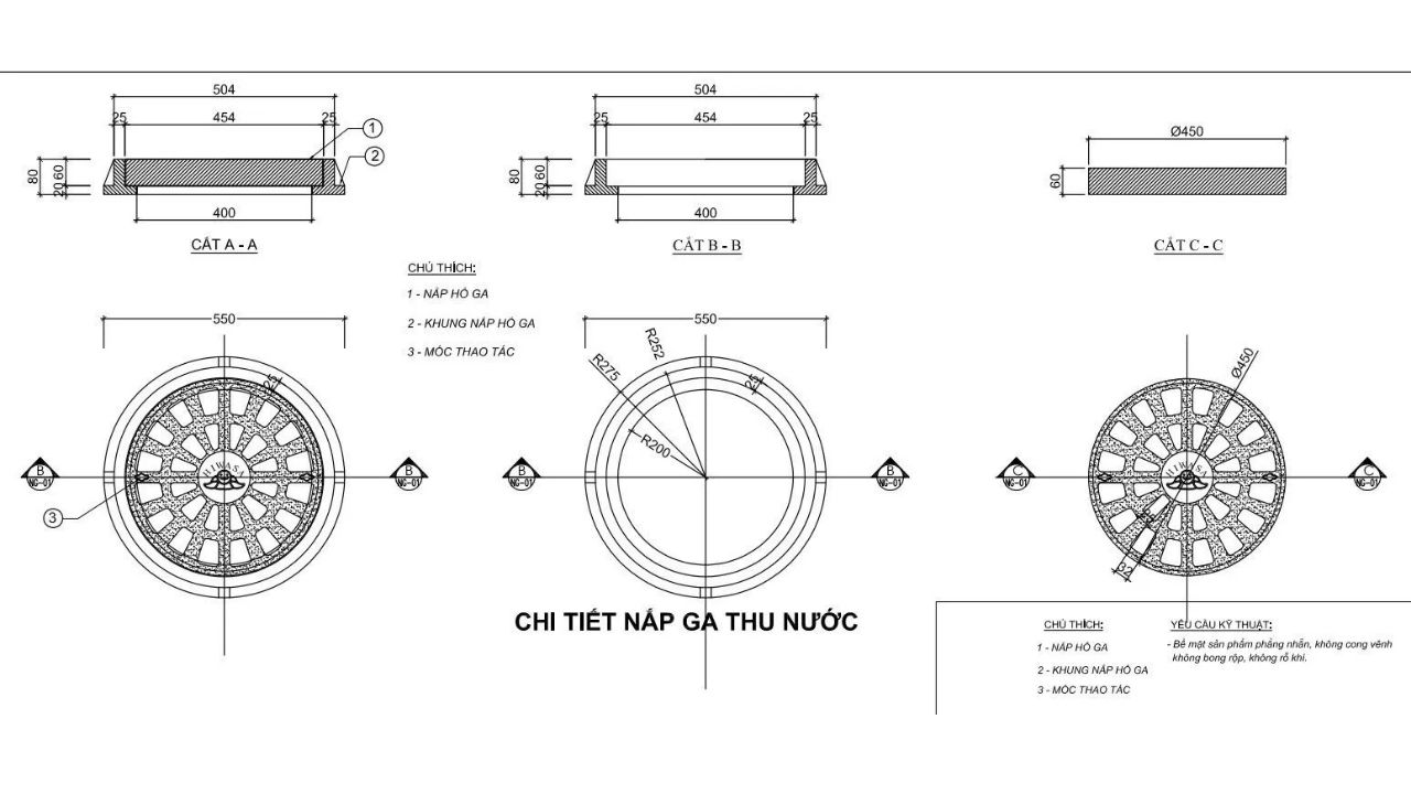 Thông số sản phẩm nắp hố ga composite dạng khung tròn nắp tròn phổ biến