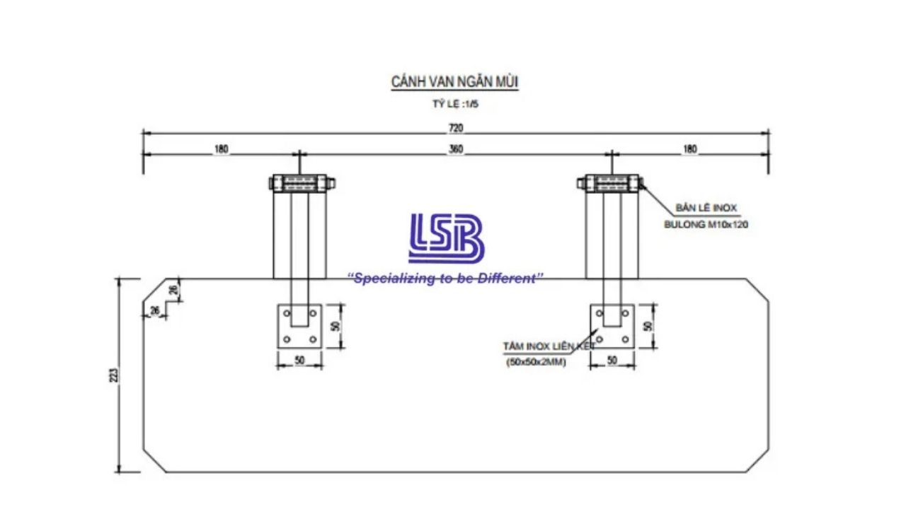 Bản vẽ thông số kỹ thuật của cánh van ngăn mùi inox 304