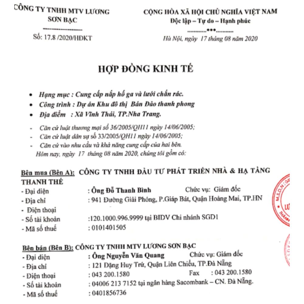 Hợp đồng kinh tế khu đô thị bán đảo Thanh Phong