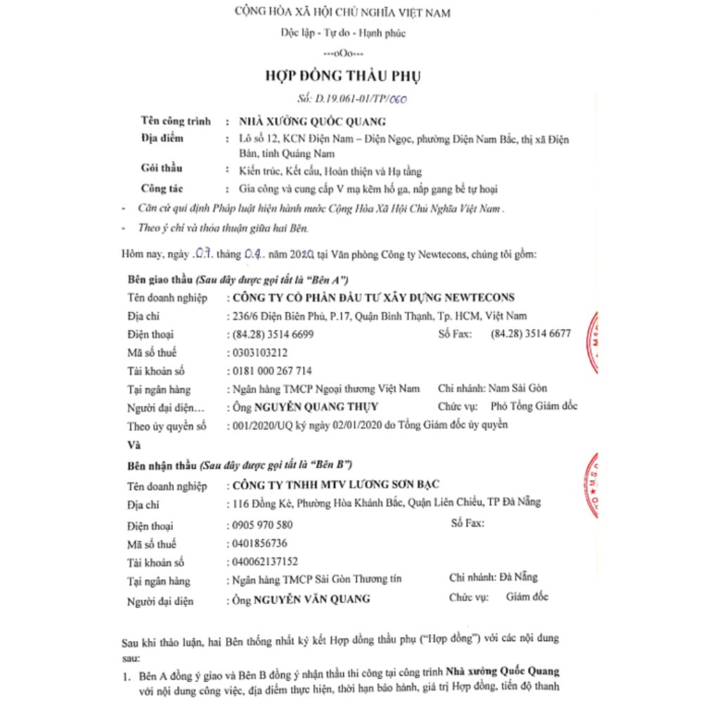 Hợp đồng nhà xưởng Quốc Quang