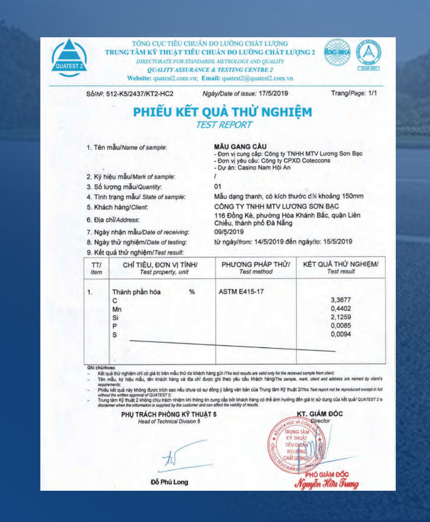 Kết quả thử nghiệm mẫu gang cầu