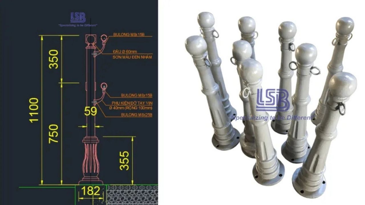 Kích thước bản vẻ trụ gang đúc - trụ đèn gang đúc - Lương Sơn Bạc
