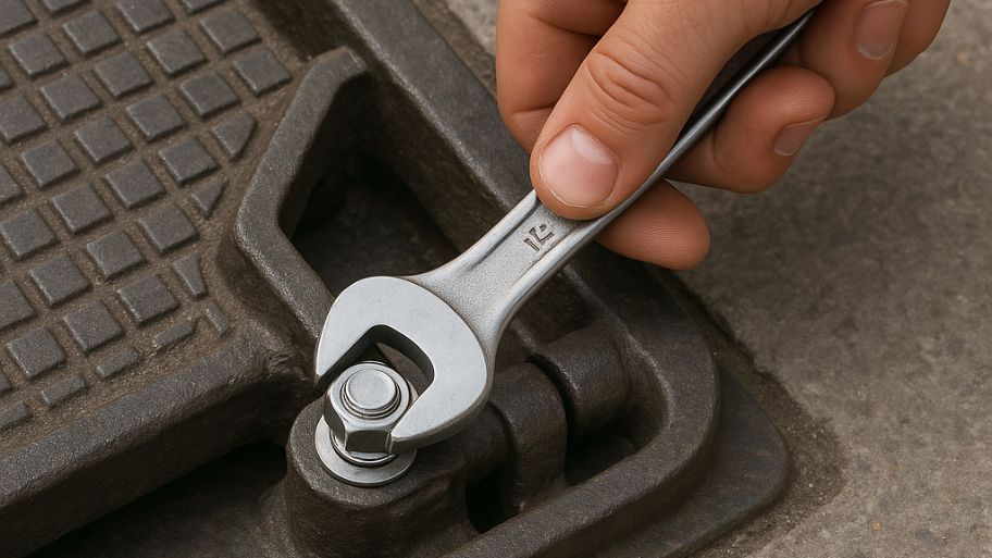 Lắp đặt bản lề và bulong nắp hố ga