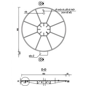 Bản vẽ nắp hố ga gang khung vuông âm nắp tròn bền bỉ