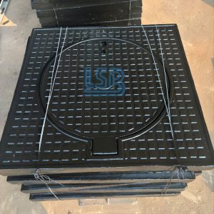 Nắp hố ga gang khung vuông dương nắp tròn