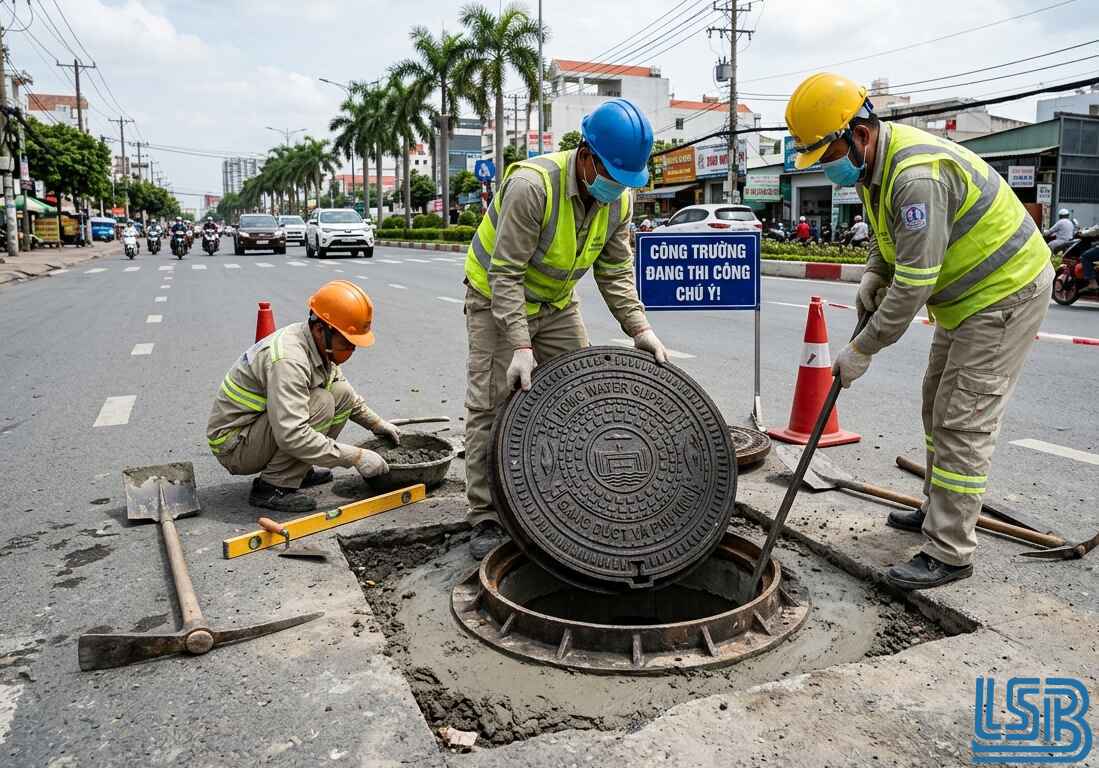 Lắp đặt nắp hố ga đúng kỹ thuật đảm bảo an toàn cho xe chạy